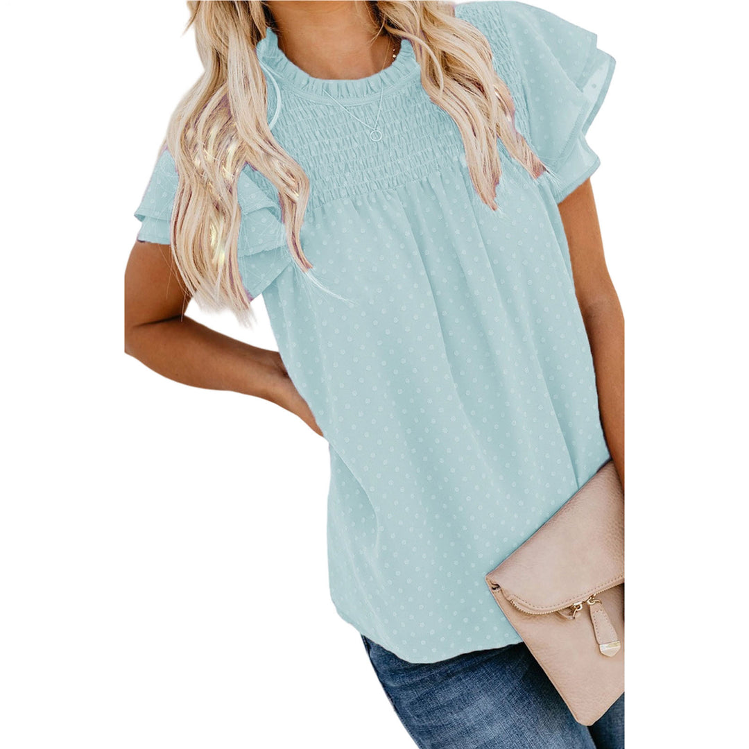 Womens Ruffle Short Sleeve Blouse Dot Smocked Crewneck Summer Flowy Chiffon Shirts Pullover Tops for Travel expedient