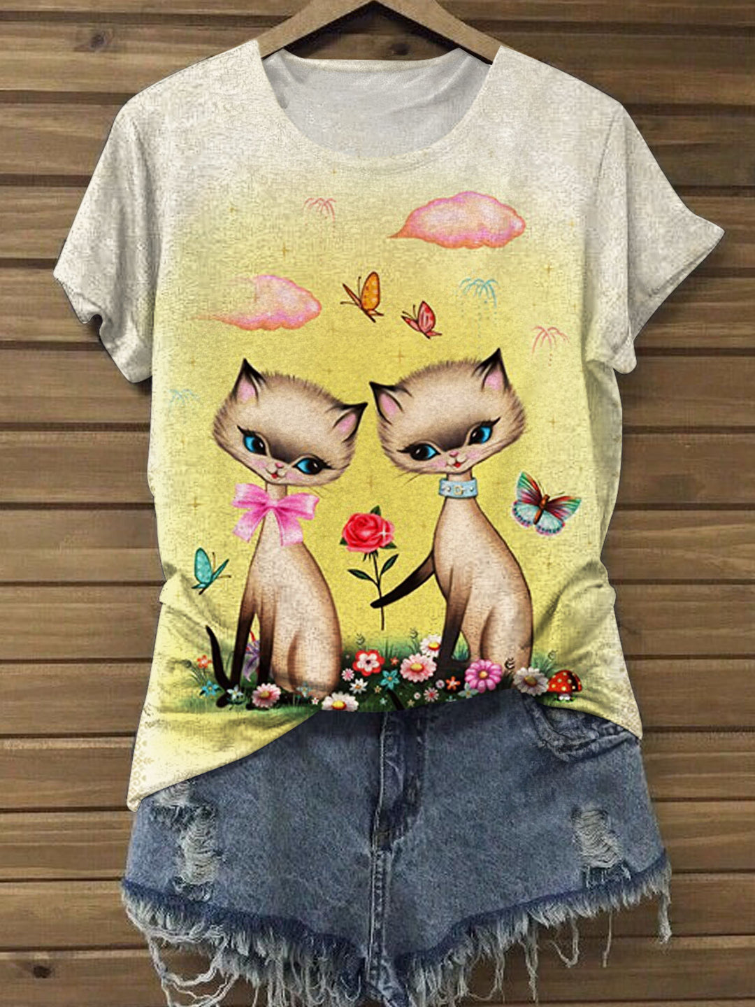Vintage Funny Cat Printed Round Neck Short Sleeve Top