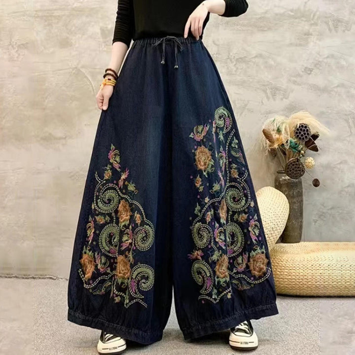 Womens Embroidered Jeans High Waisted Elastic Waist Denim Pants Baggy Trousers with Pockets for Travel Date fashionable
