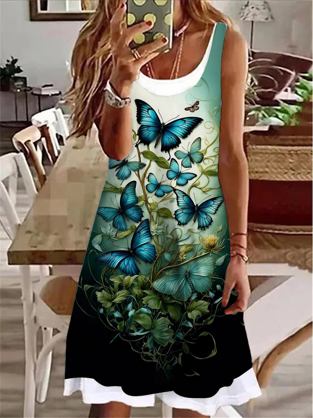 Blue Butterfly Vine Print Ladies False Two Dress
