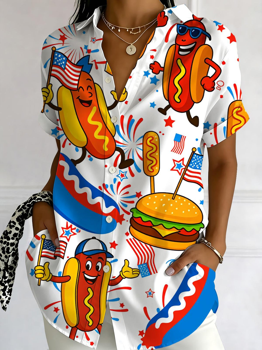 American Flag Hot Dog Burger Funny Print Women's Short Sleeve Shirts