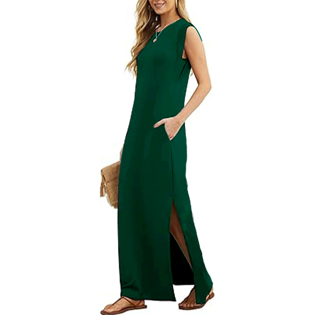 Tank Maxi Dress Sleeveless Solid Color Maxi Dress Loose Fit Side Slit Sundress for Fashionable Daily Wear Vacation Dating classy