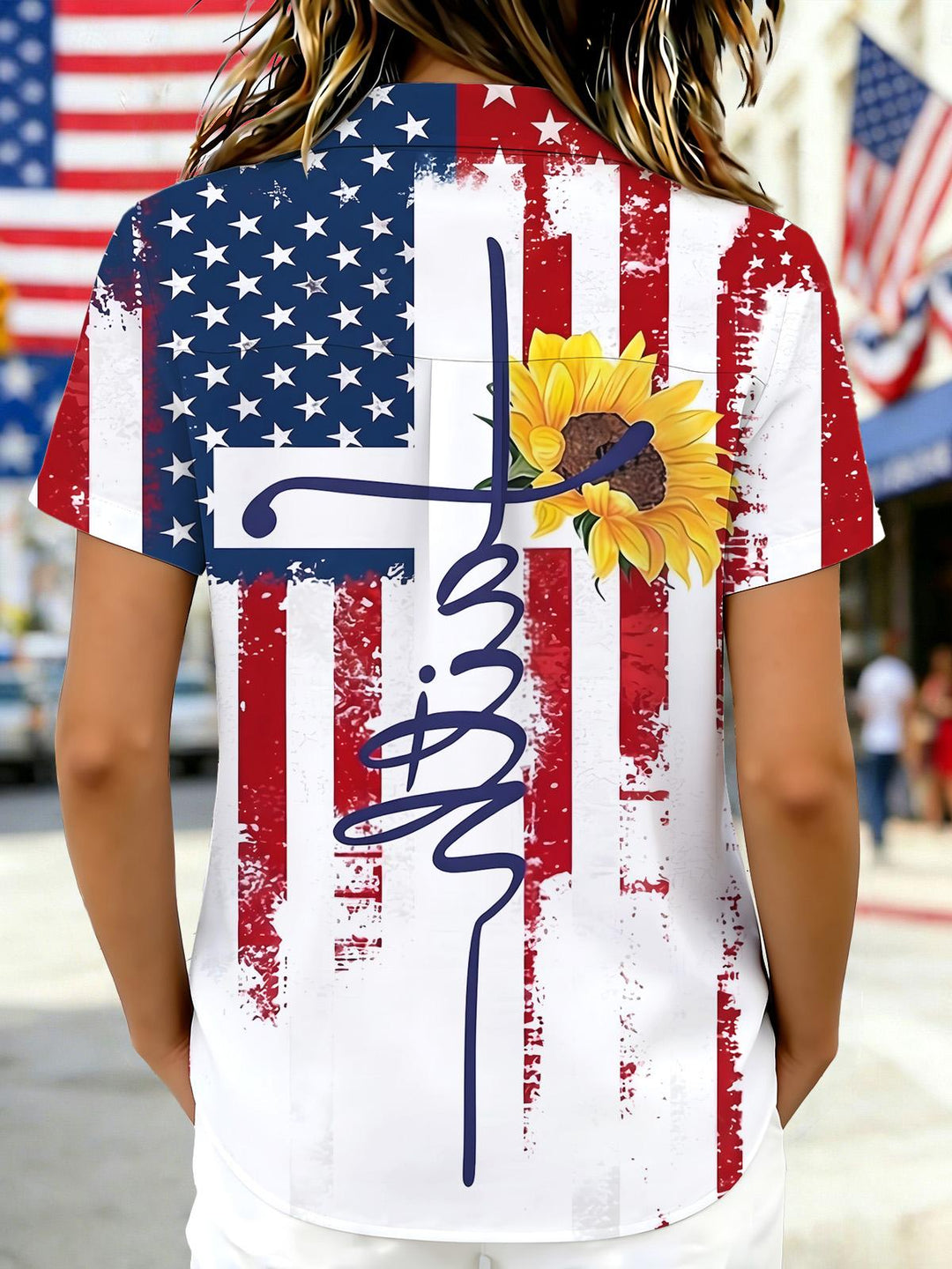 American Flag Sunflower Faith Independence Day Women's Short Sleeve Shirts