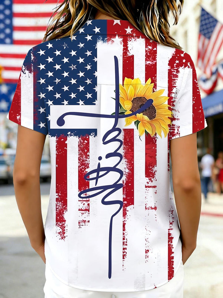 American Flag Sunflower Faith Independence Day Women's Short Sleeve Shirts