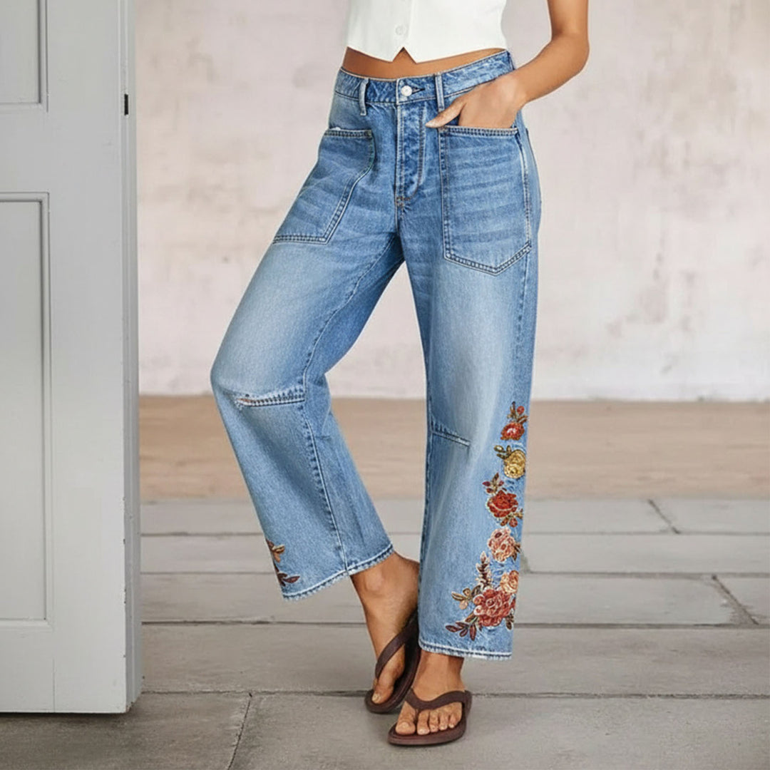 Cropped Jeans for Women Floral Embroidered Casual Summer Straight Leg Jeans Mid Rise Denim Pants for Travel thrifty