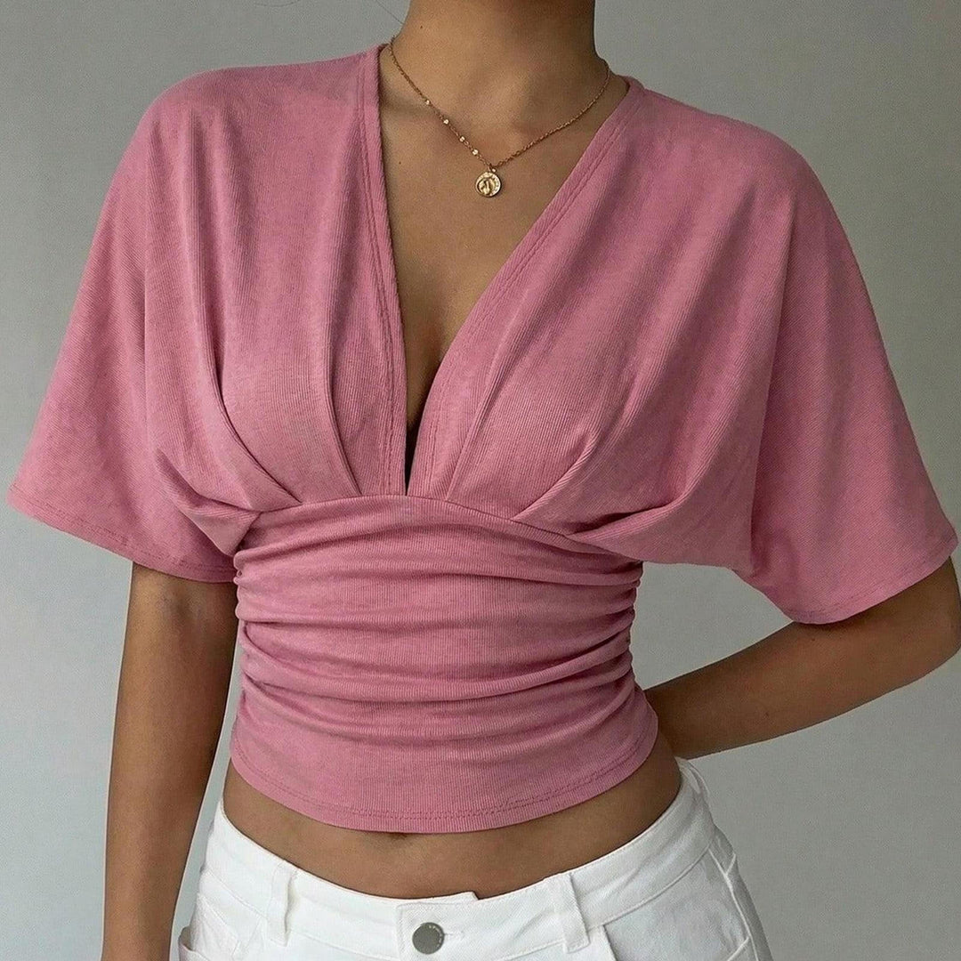 Cinch Waist Tops for Women Ruched Deep V Neck Crop Tops Sexy Summer T Shirts Short Sleeve for Travel Dating original