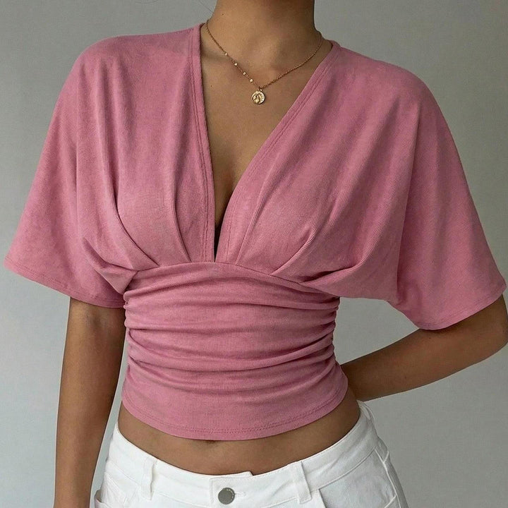 Cinch Waist Tops for Women Ruched Deep V Neck Crop Tops Sexy Summer T Shirts Short Sleeve for Travel Dating original