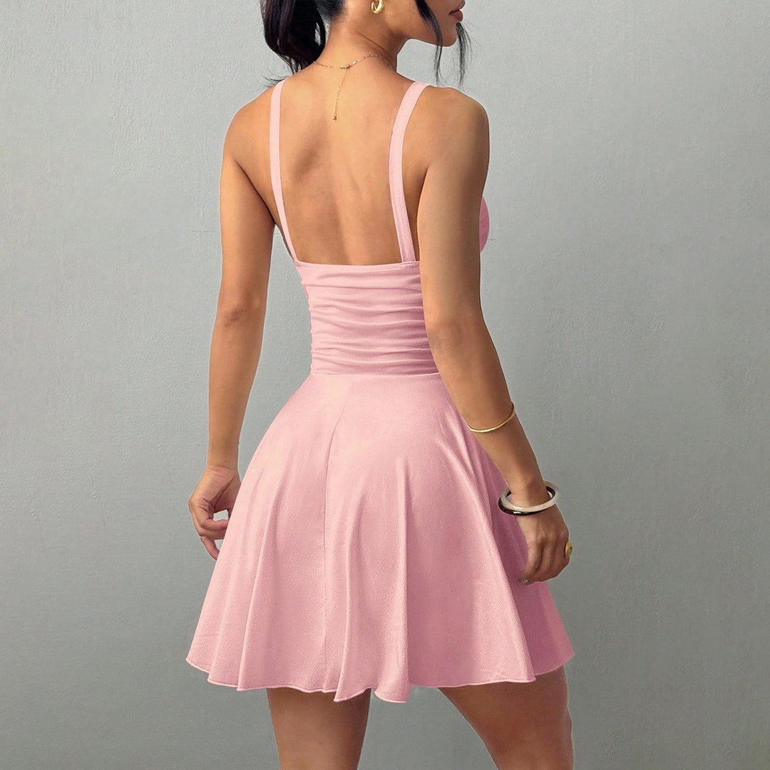 Sleeveless Mini Dress for Women Cinched Waist V Neck Flowy Short Dress Elegant Sundresses for Cocktail Party appropriate