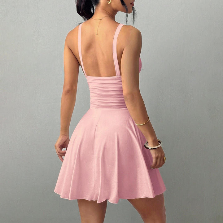 Sleeveless Mini Dress for Women Cinched Waist V Neck Flowy Short Dress Elegant Sundresses for Cocktail Party appropriate