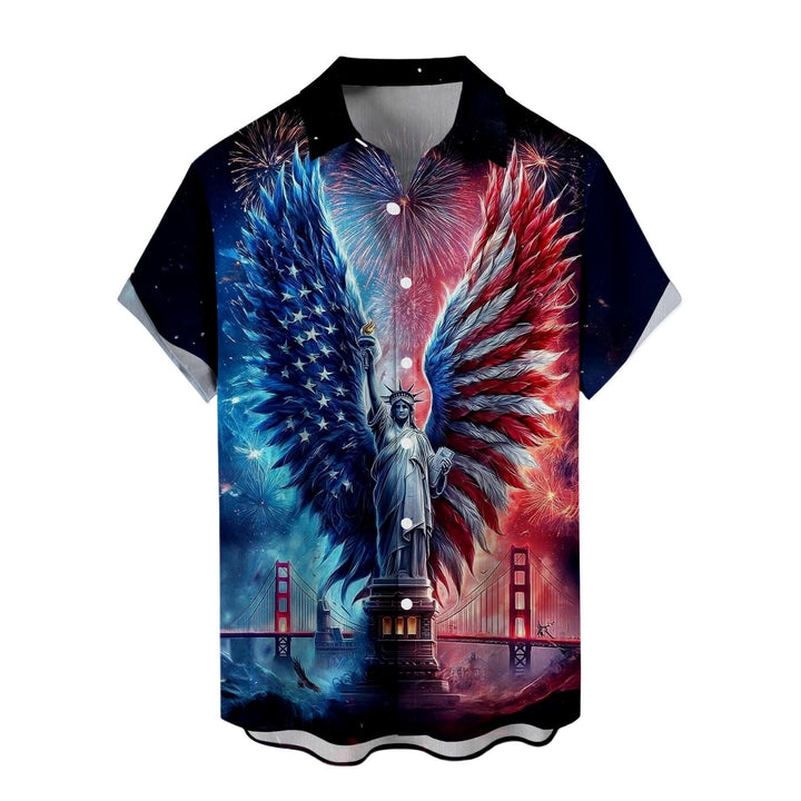 Flag Button Up Shirt Men Eagle Print Short Sleeve Button Down Patriotic Hawaiian Shirts for Parade Party amiable