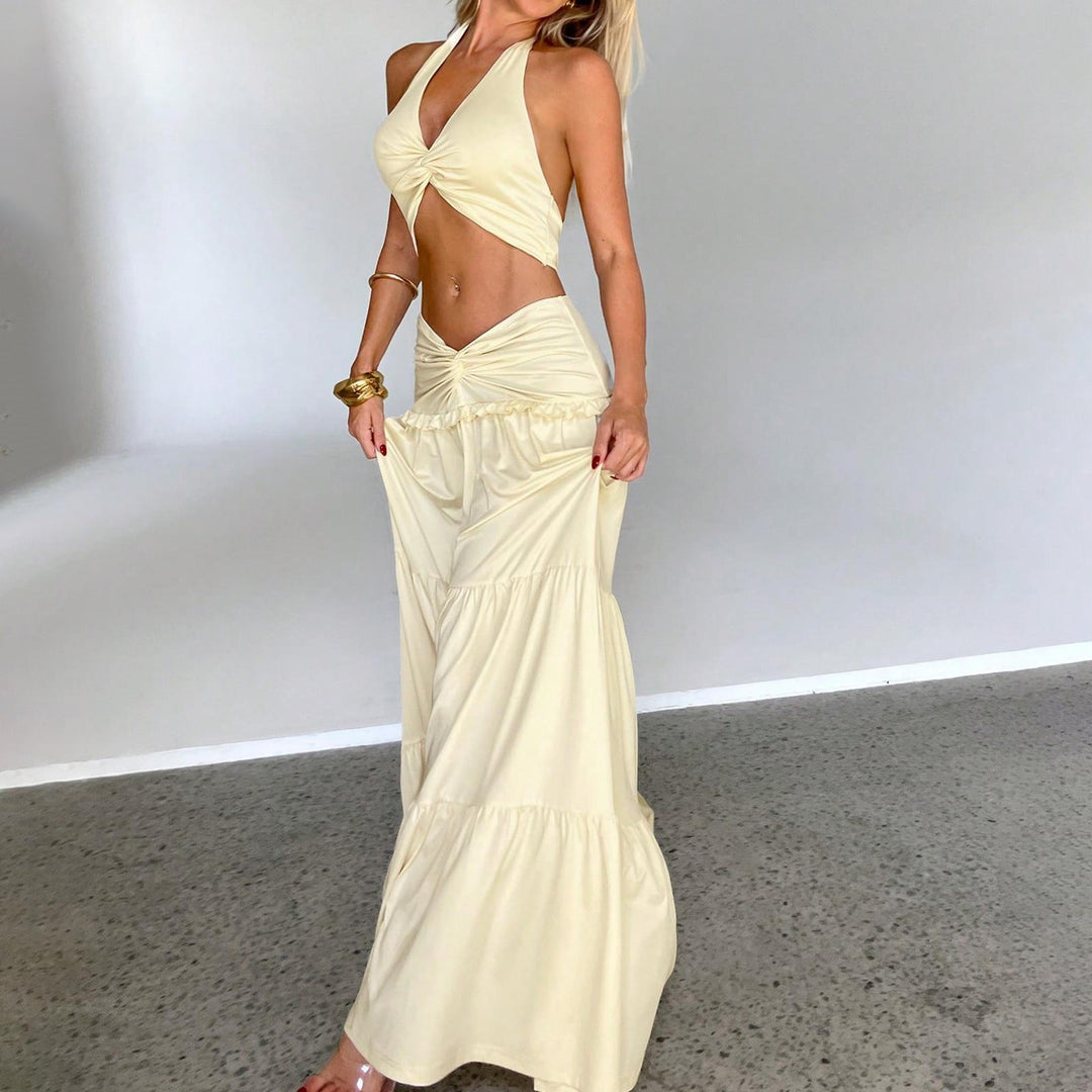 Matching Skirt and Top Set Two Piece Twist Front Sleeveless Halter Top and Pleated Swing Skirt for Vacation graceful