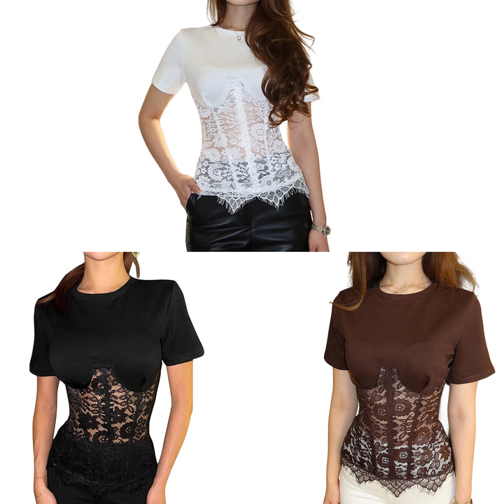 Lace T Shirts for Women Crewneck Summer Corset Crop Top Slim Fit Mesh See Through T Shirts for Night Out successful