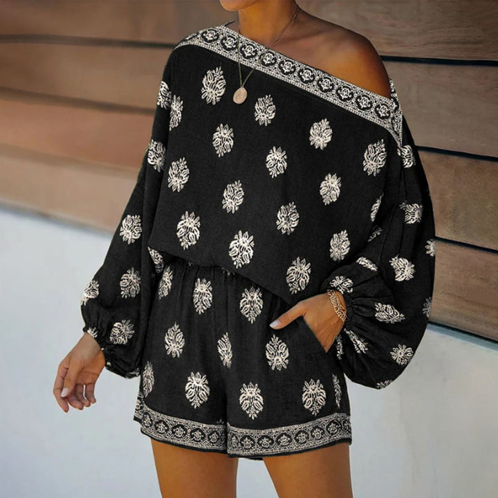 Boho Rompers for Women Off The Shoulder Casual Boho Jumpsuit Loose Lantern Sleeve Rompers for Vacation Beach ingenious