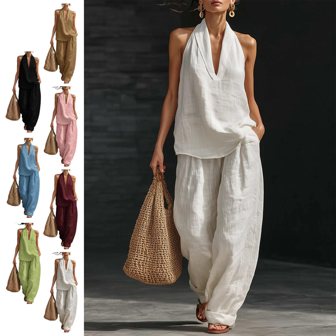 Summer Outfits for Women 2 Piece Set Deep V Neck Sleeveless Loose Fit Halter Top and Wide Leg Pants for Beach classical
