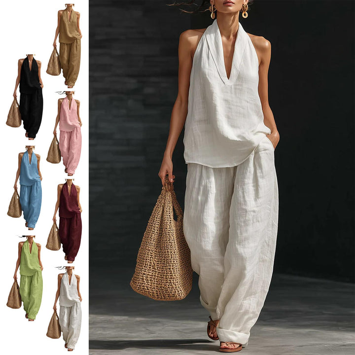 Summer Outfits for Women 2 Piece Set Deep V Neck Sleeveless Loose Fit Halter Top and Wide Leg Pants for Beach classical