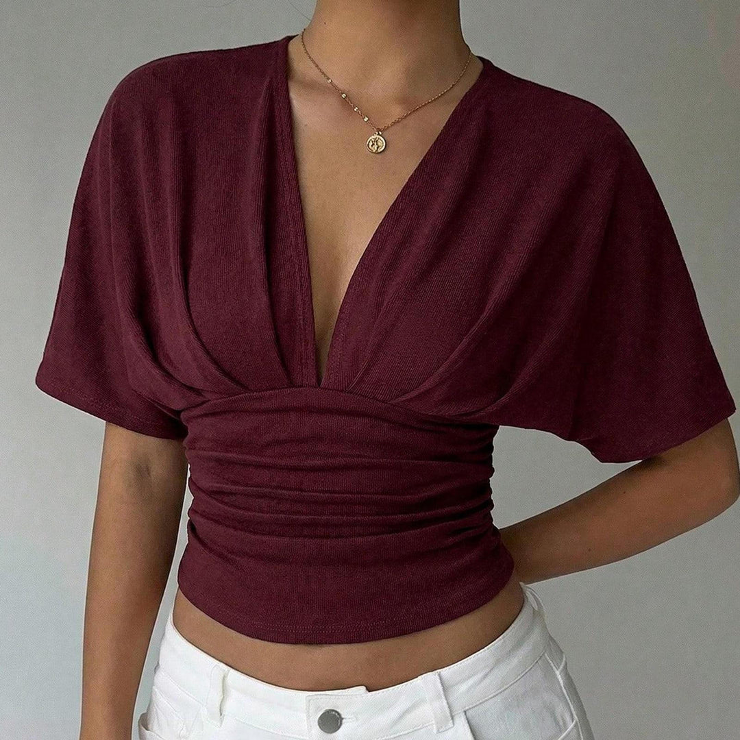 Cinch Waist Tops for Women Ruched Deep V Neck Crop Tops Sexy Summer T Shirts Short Sleeve for Travel Dating original