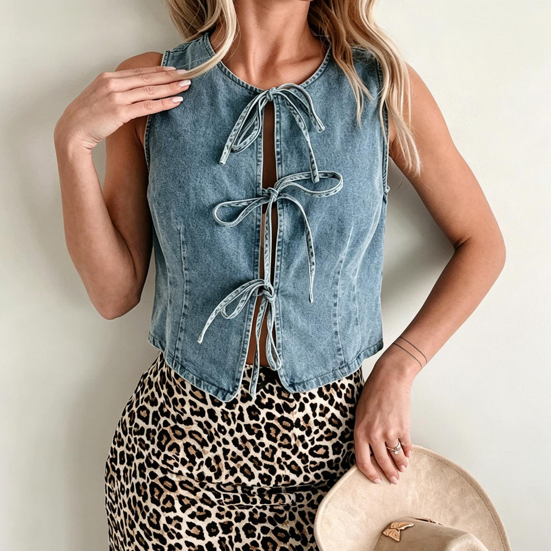Tie Front Denim Vest Crew Neck Trendy Denim Vest Crop Sleeveless Tie Up Front Jean Top for Vacation Daily positive
