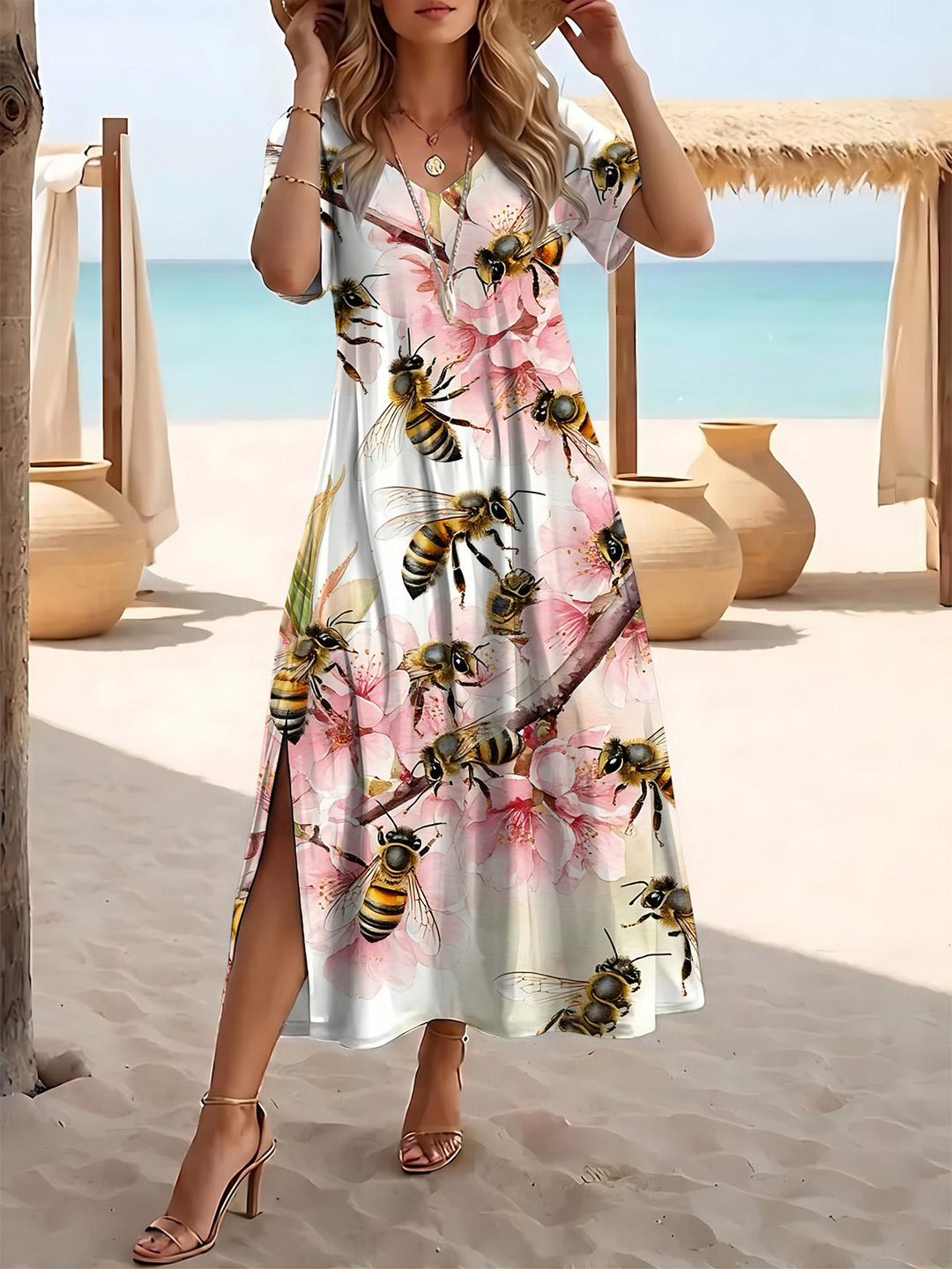 Bee Flower Print Women's Short Sleeve V Neck Maxi Dress