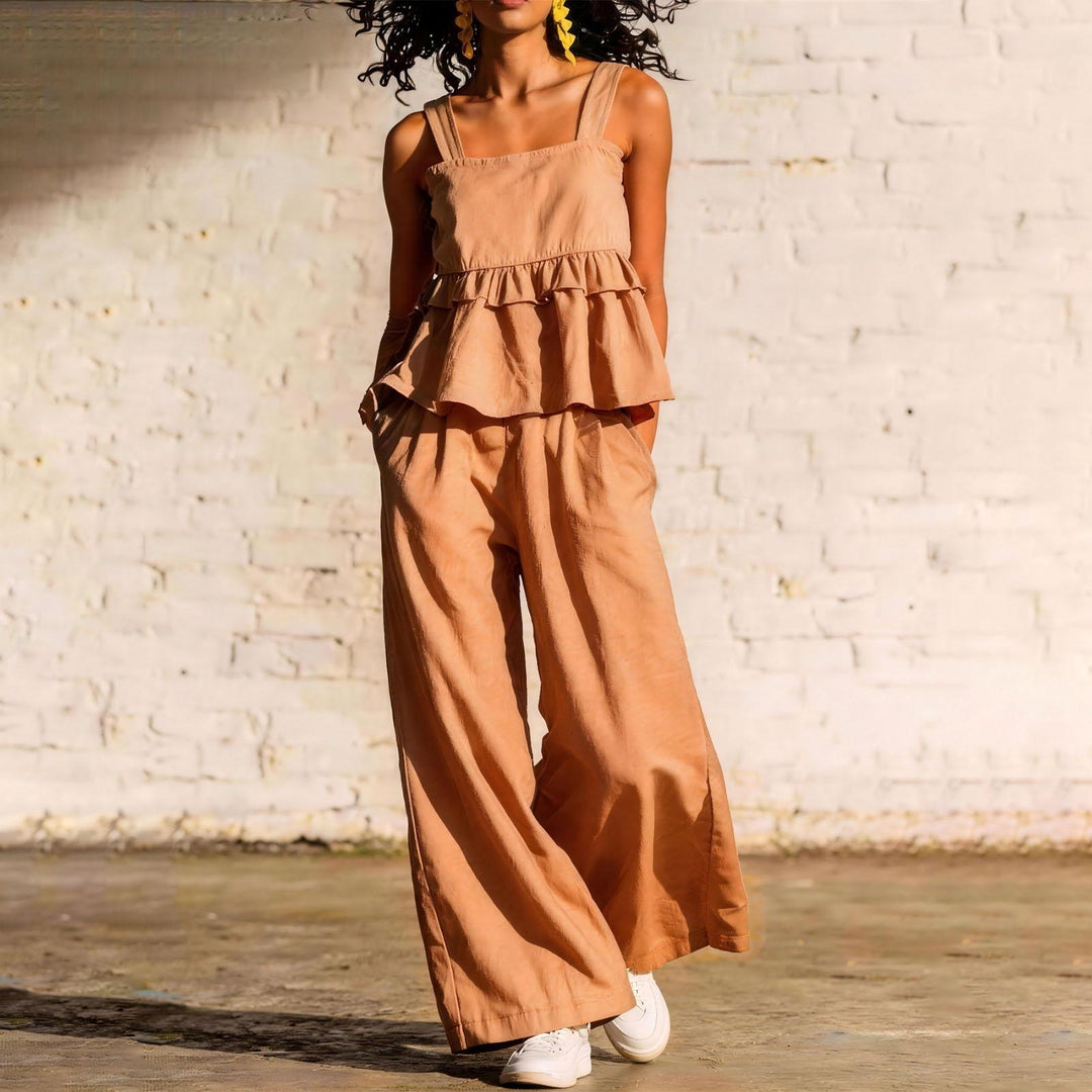 2 Piece Summer Sets for Women Ruffle Casual Summer Sleeveless Peplum Top and Wide Leg Pants Sets for Leisure workable