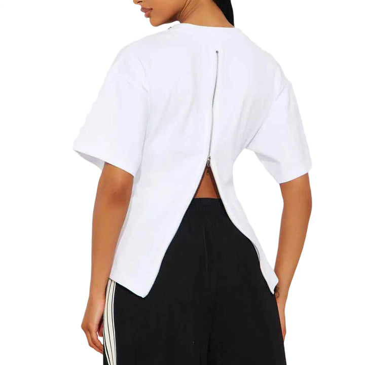 Zipper Back Shirt for Women Back Zipper Crewneck Short Sleeve Cinched Waist Top for Daily Wear Vacation method