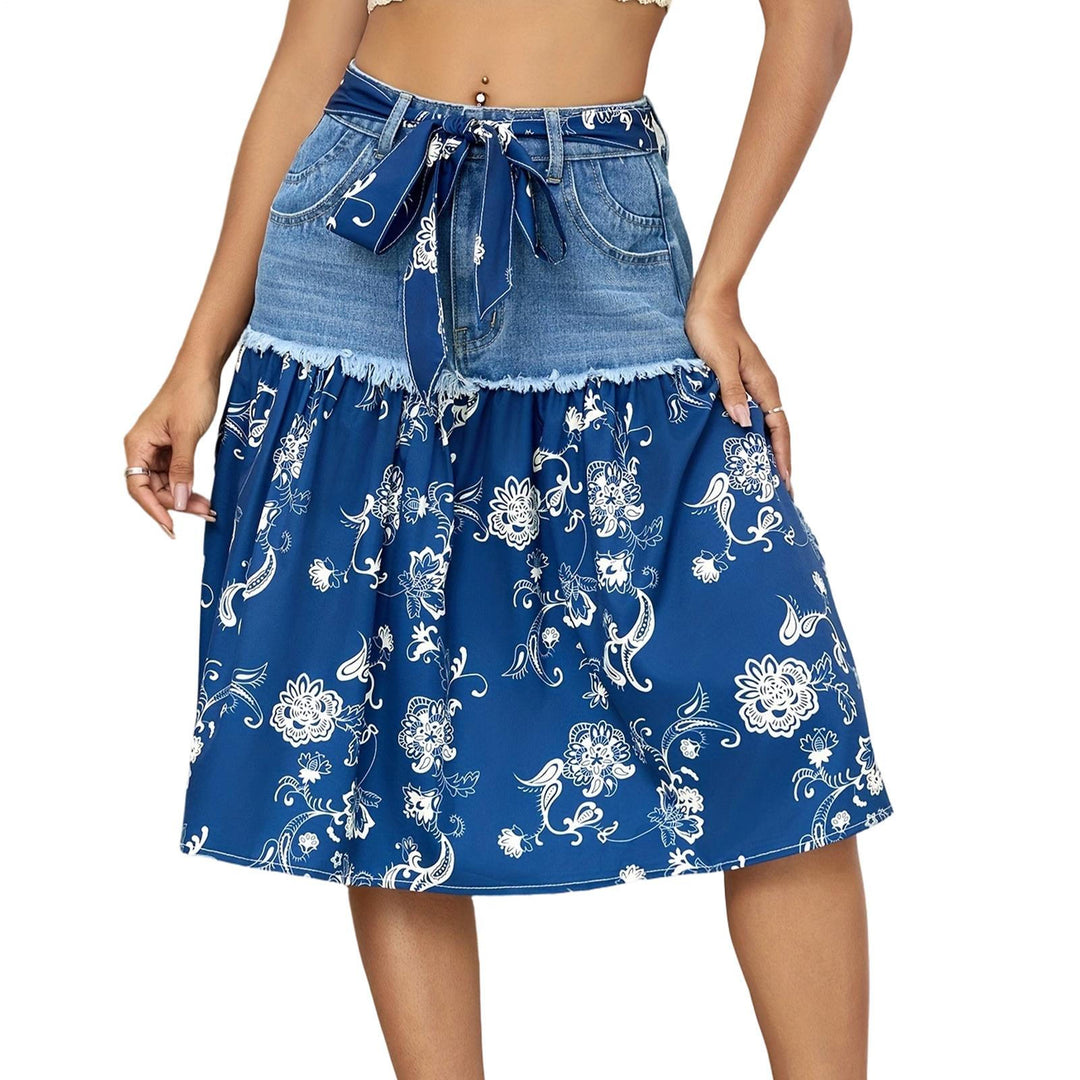 Denim Midi Skirt Boho Floral Women's A Line Belted High Waisted Midi Skirts for Vacation Daily Wear Dating decent