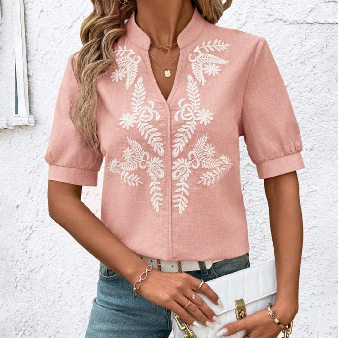 Embroidered Blouses for Women V Neck Floral Embroidered Top Short Sleeve Blouses Fashion Clothes for Travel generous