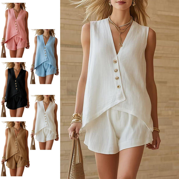 2 Piece Shorts Set for Women V Neck Button Vest Tops Shorts Summer Vacation Matching Lounge Sets for Beach clever