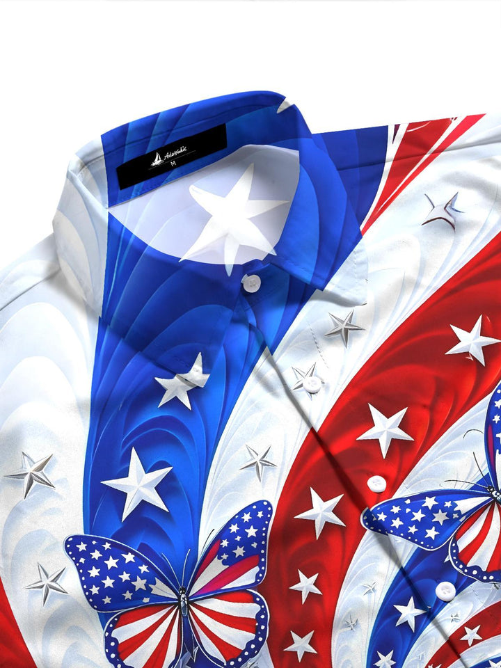 American Flag Swirl Butterflies Independence Day Women's Short Sleeve Shirts