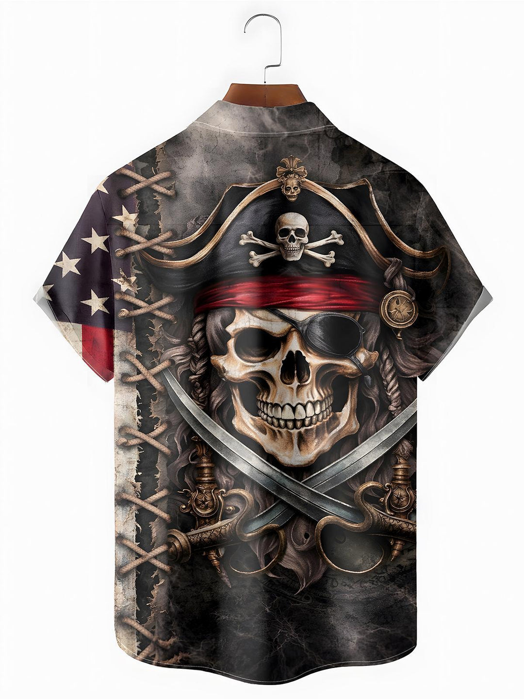 Independence American Flag Skull Men's Pocket Short Sleeve Shirts