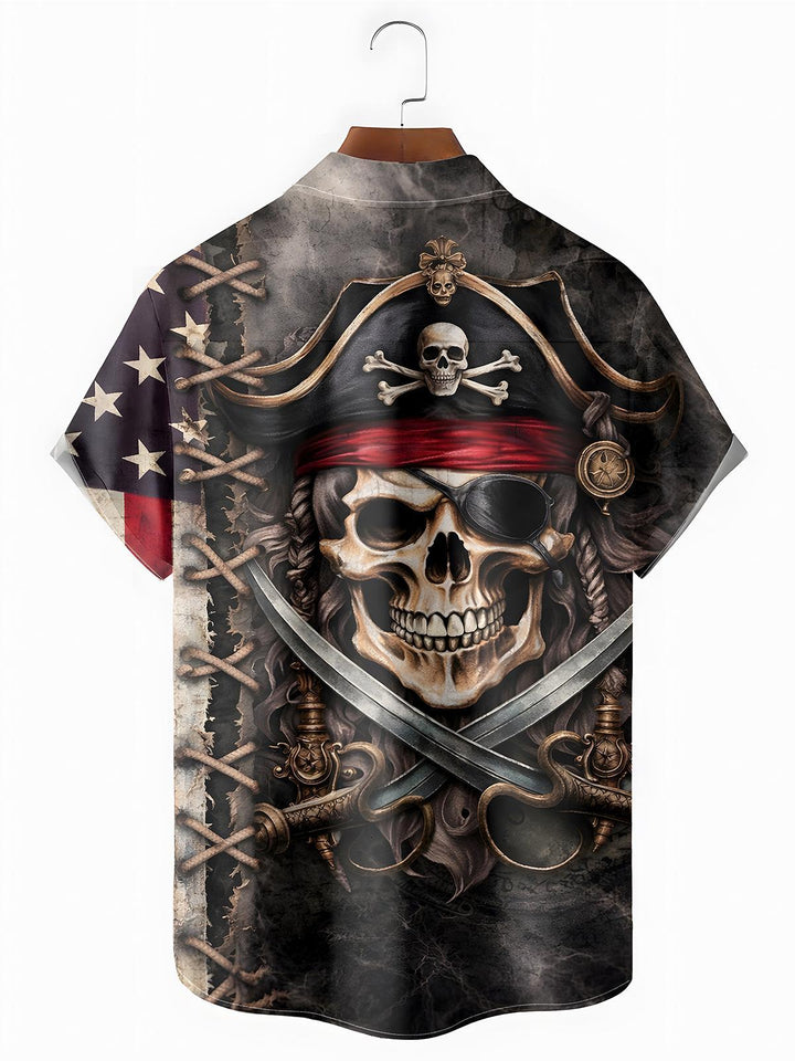 Independence American Flag Skull Men's Pocket Short Sleeve Shirts
