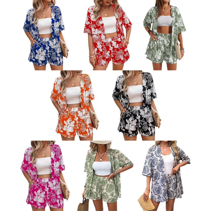 Beach 2 Piece Outfits for Women Boho Floral Leaf Summer Outfits Short Sleeve Shirt Beach Sets for Daily Wear favorable