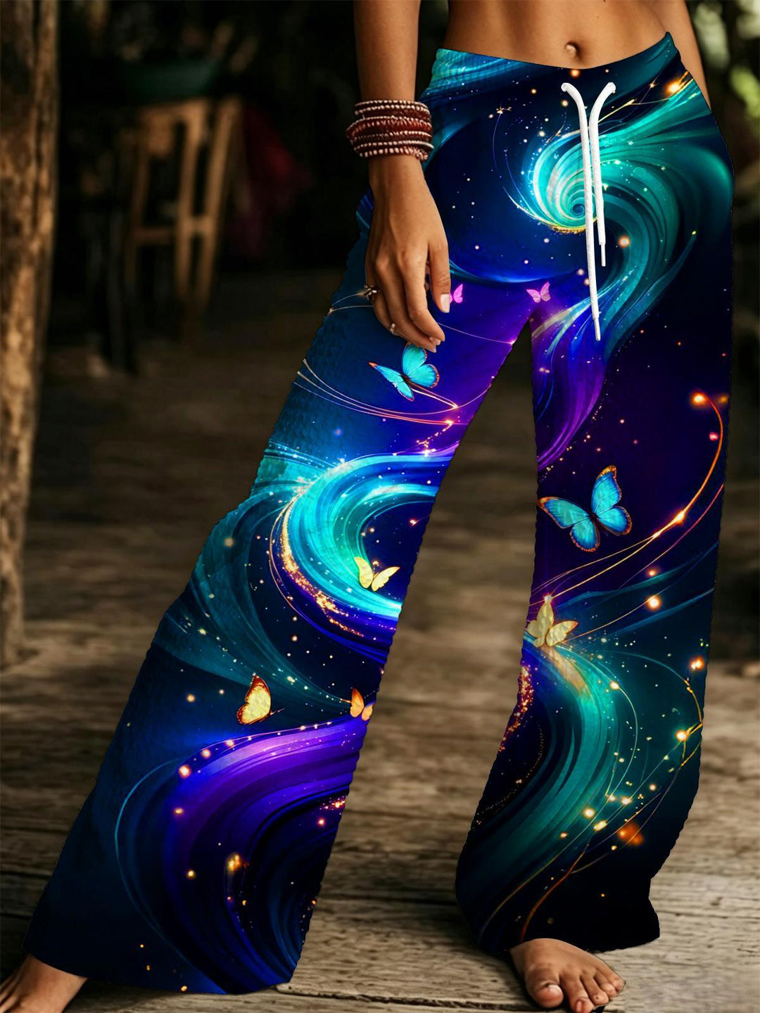 Dreamy Blue Purple Butterfly Vortex Women's Drawstring Wide-Leg Pants