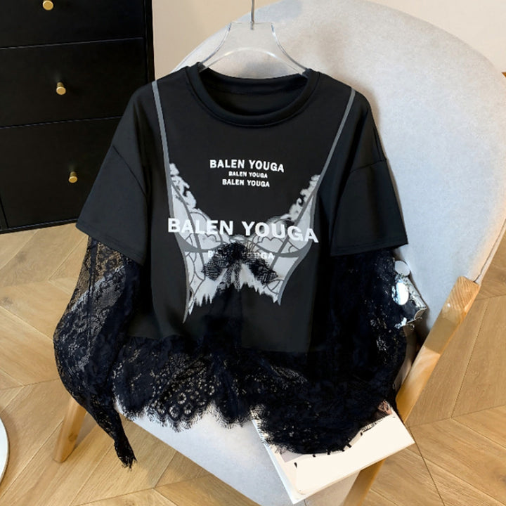 Lace Tshirt for Women Lace Splicing Long Sleeve Shirts Blouse Crew Neck Casual Layered Tee for Vacation Party superb