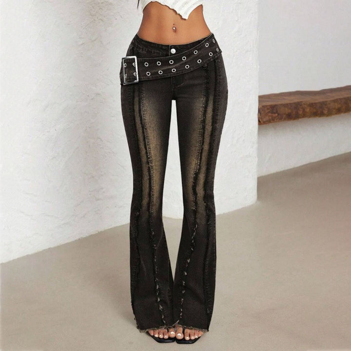 Women Bell Bottom Jeans Low Rise Frayed Hems Denim Pants Retro Flare Jeans Fashion Streetwear for Travel ingenious