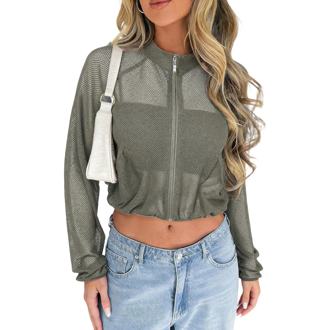 Sheer Mesh Jacket Women Mock Neck Lightweight Casual Zip Up Crop Jacket Summer Athletic Outerwear for Yoga boosted