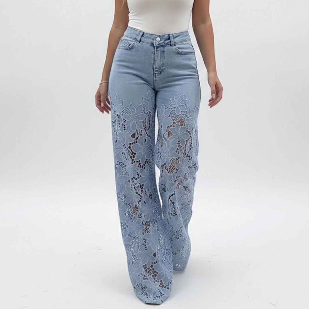 Lace Jeans for Women Hollow Lace Spliced High Waisted Fashion Jeans Loose Fit Denim Pants for Daily Wear exceptional