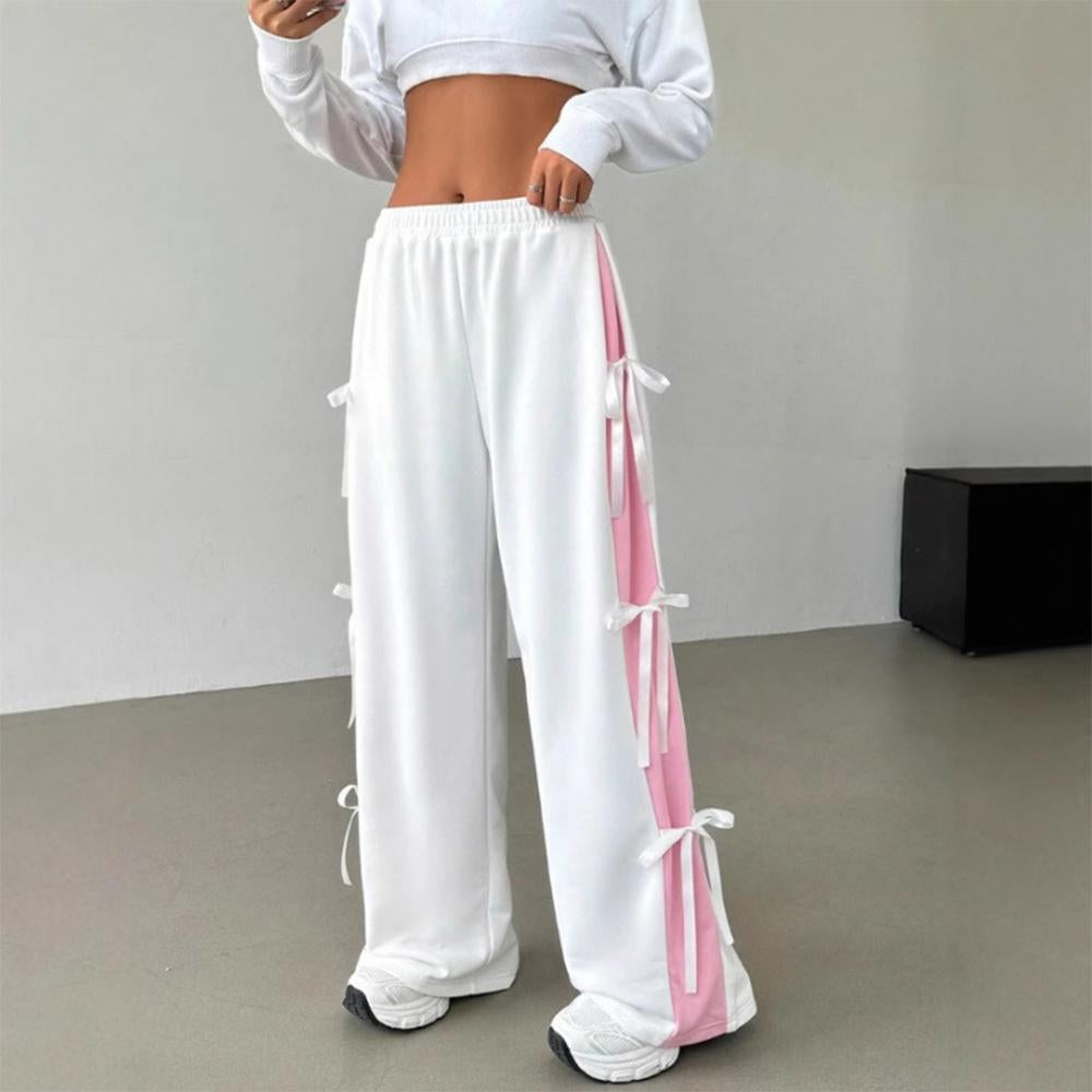 Women's Baggy Sweatpants Bow Tie Elastic Waist Casual Wide Leg Sports Pants with Pocket for Daily Running accepted