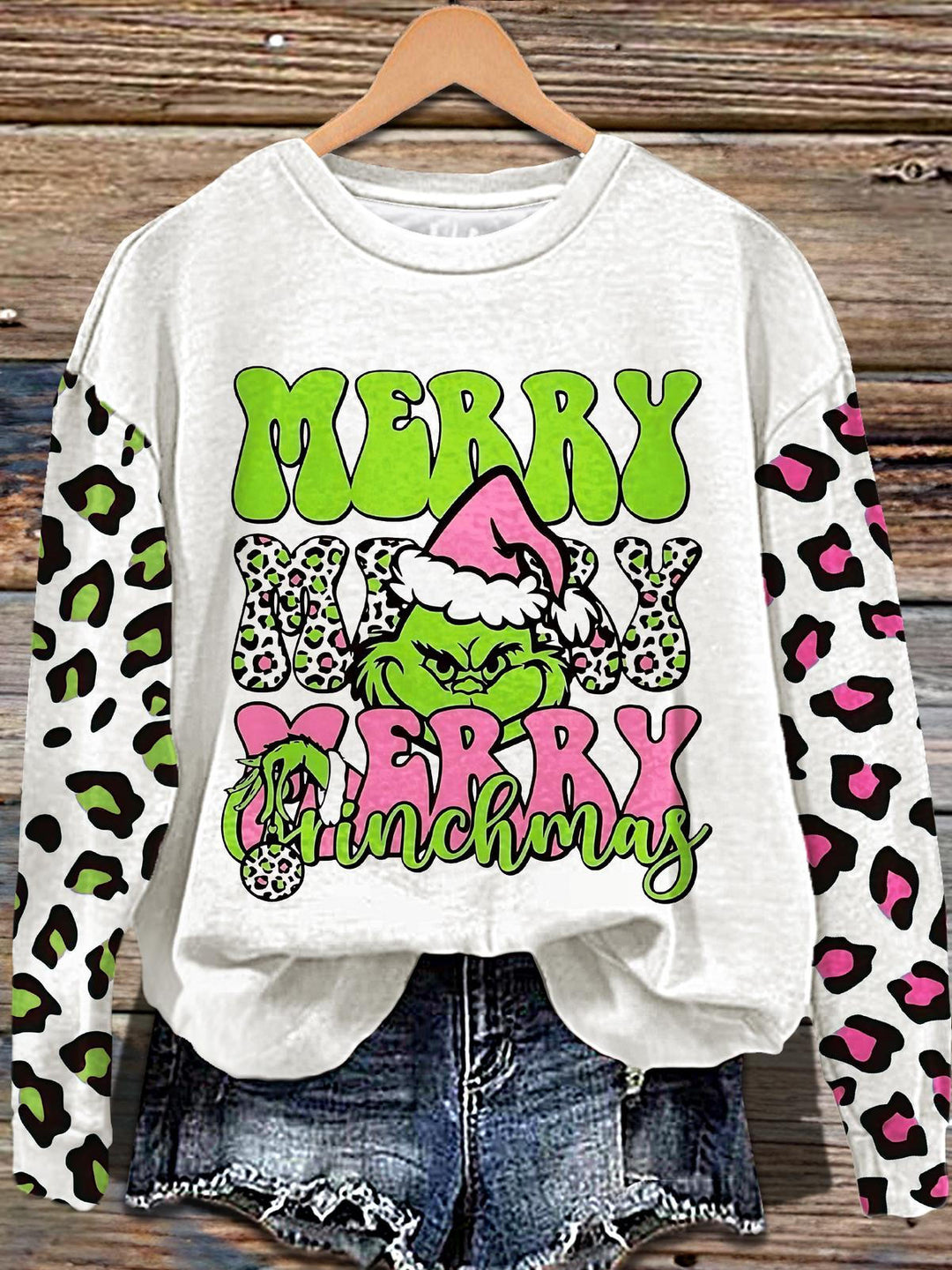 Grinch Leopard Art Printed Long Sleeve Casual Top