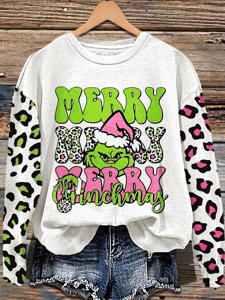 Grinch Leopard Art Printed Long Sleeve Casual Top
