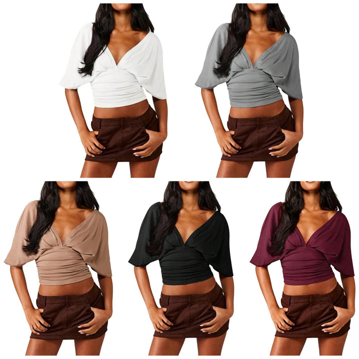 Dolman Sleeve Cinched Waist Top Deep V Neck Side Ruched Sexy Dolman Sleeve Blouses Going Out Tops for Leisure innate