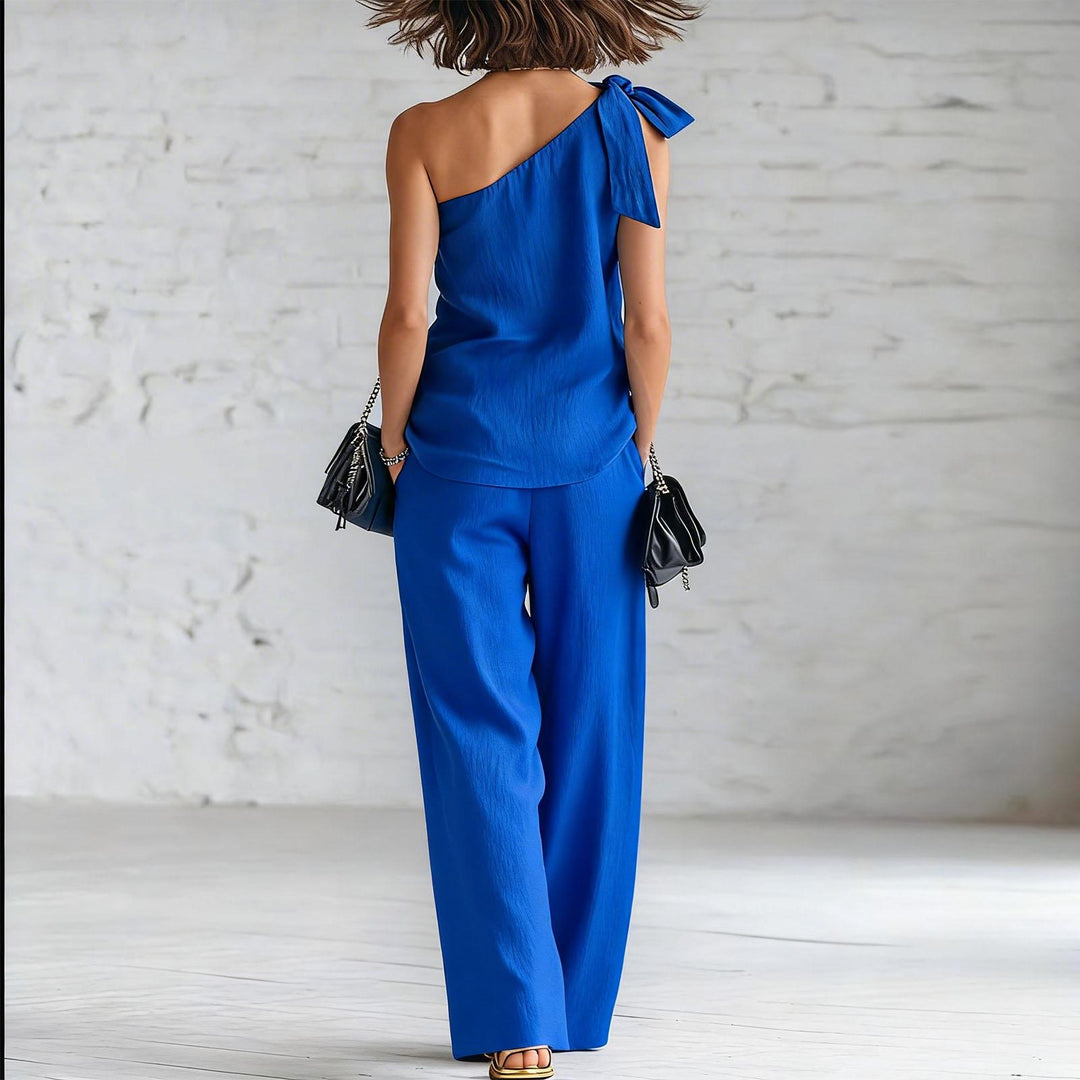 Summer Outfits for Women 2 Piece Set Off Shoulder Asymmetrical Neck Tank Tops Wide Leg Pants Set for Travel refined