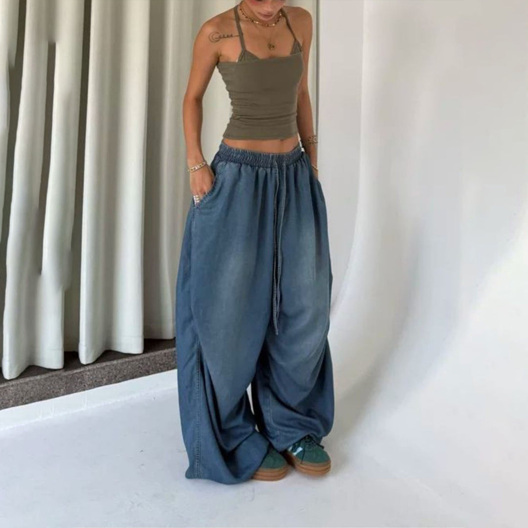 Womens Elastic Waist Jeans Low Rise Vintage Baggy Barrel Jeans Streetwear Loose Fit Denim Pants for Travel candid