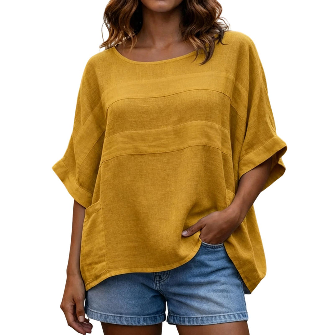 Women's Linen Shirt 3/4 Sleeve Casual Linen Tunic Blouse Crew Neck Peasant Shirts for Travel Daily Wear applied