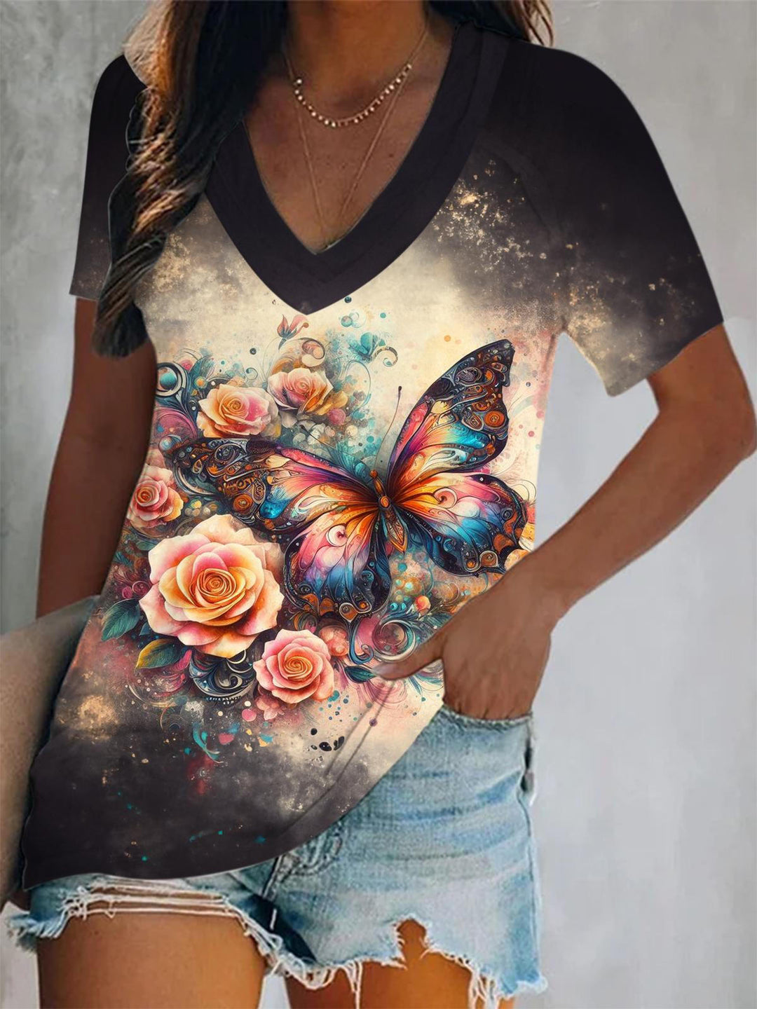 Beautiful Rose Floral Butterfly Short Sleeve V Neck Print Top