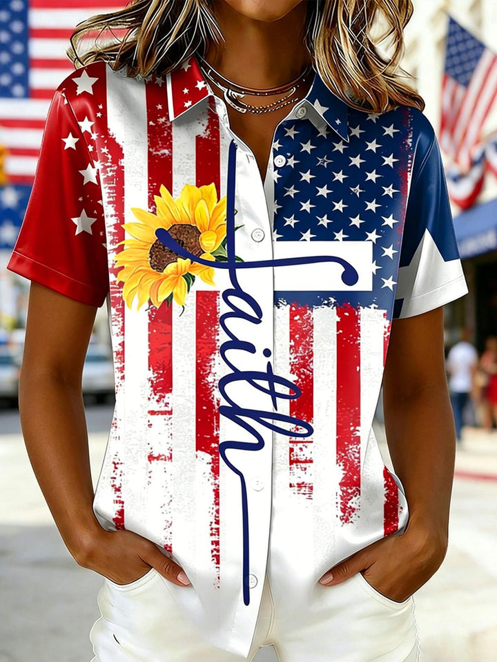 American Flag Sunflower Faith Independence Day Women's Short Sleeve Shirts