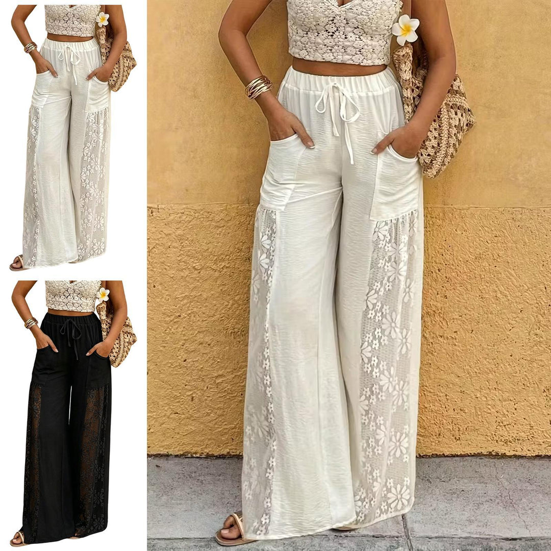Women's Floral Lace Sheer Mesh Pants High Waisted Loose Fit Drawstring Elastic Waist Toursers for Vacation responsible
