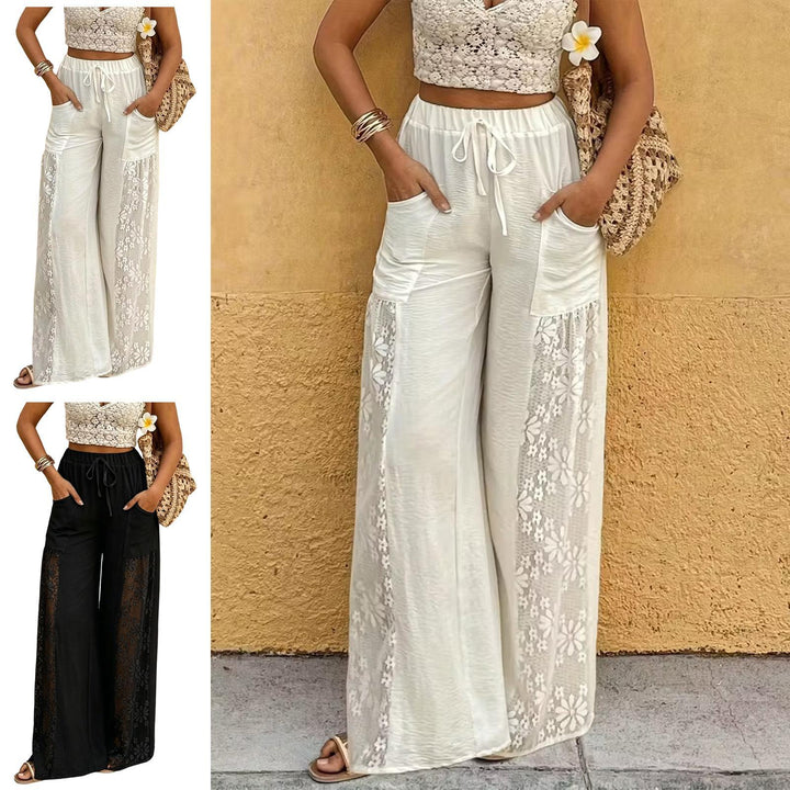 Women's Floral Lace Sheer Mesh Pants High Waisted Loose Fit Drawstring Elastic Waist Toursers for Vacation responsible