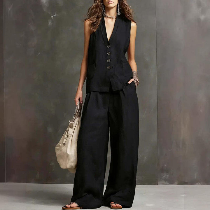 Womens Vest and Pants Set Two Piece Button Down Vest Top and Wide Leg Pants Casual Outfits for Work Travel ideal