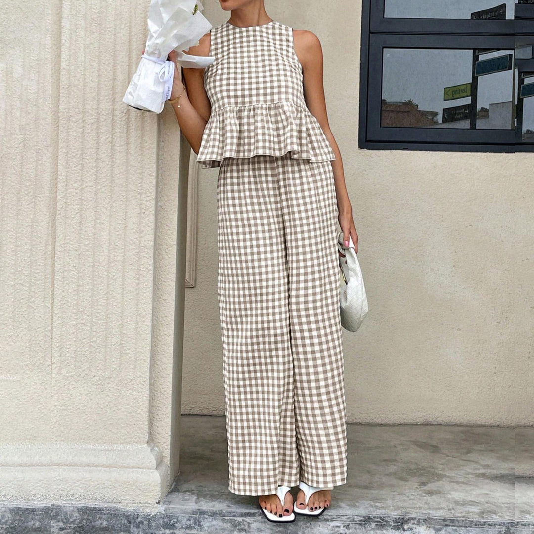 Womens Gingham Set Ruffle Plaid Peplum Tops and Pants Summer Vacation Going Out Sets for Daily Wear Beach admired