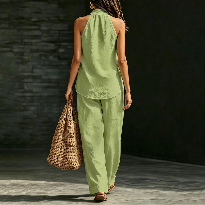 Summer Outfits for Women 2 Piece Set Deep V Neck Sleeveless Loose Fit Halter Top and Wide Leg Pants for Beach classical